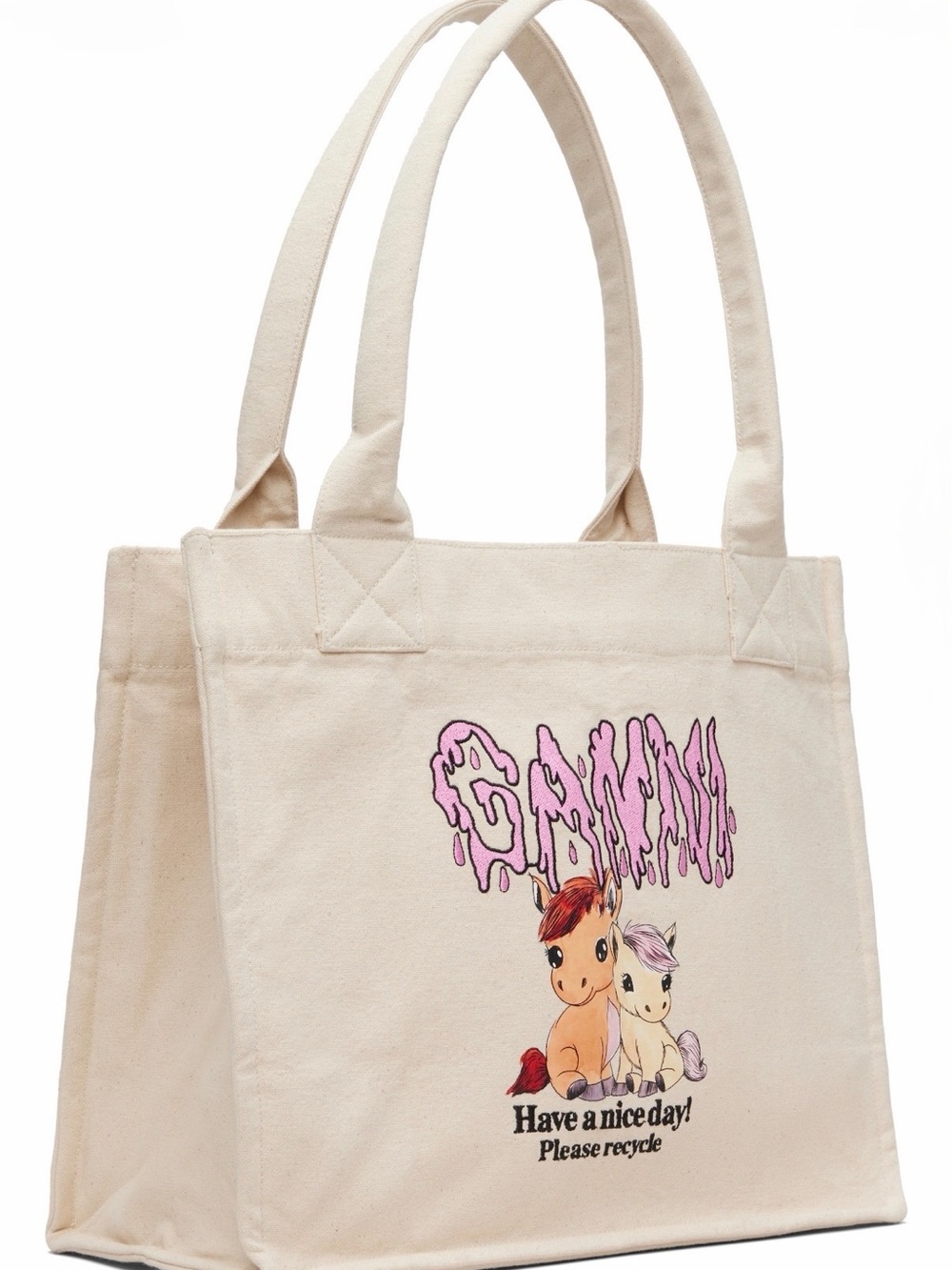 GANNI Beige Pony Printed Large Cotton Tote Bag